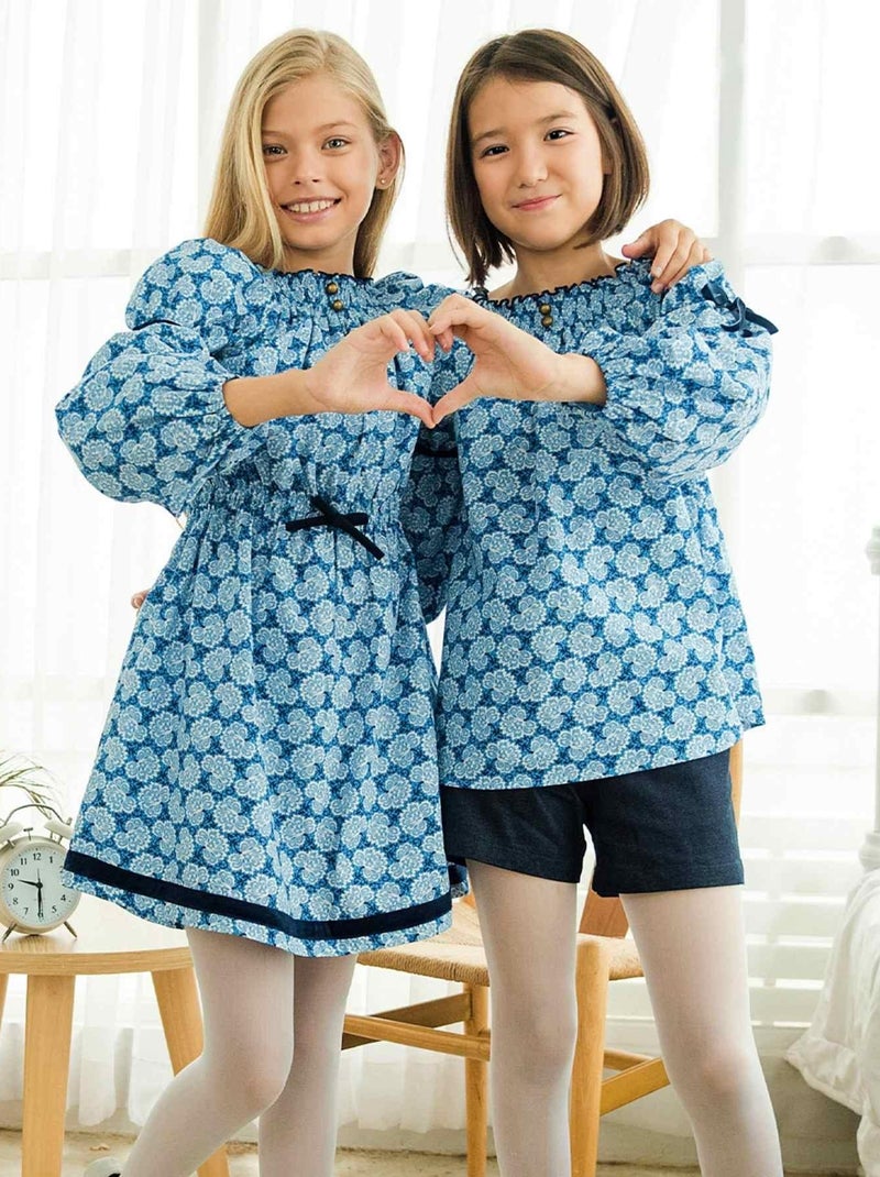 Robe Intersaison Fleurie  Roi  Fille  Col Smocks  CHIMENE - La Faute à Voltaire Bleu Blanc Bleu - Kiabi