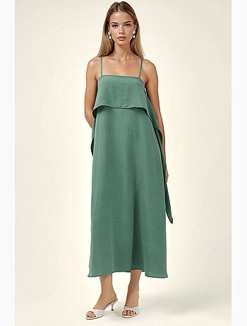 Robe longue à bretelles spaghetti superposées et col carré hiccup