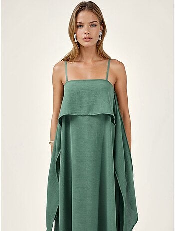Robe longue à bretelles spaghetti superposées et col carré
