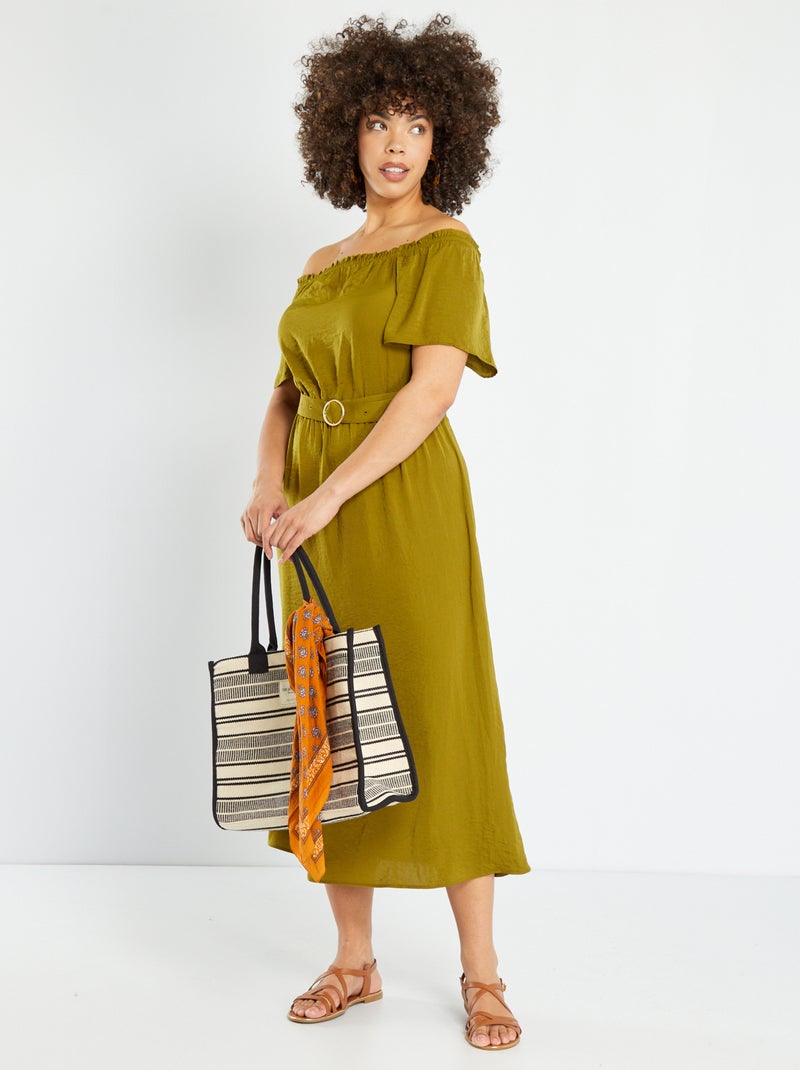 Robe longue à col bardot Kaki - Kiabi