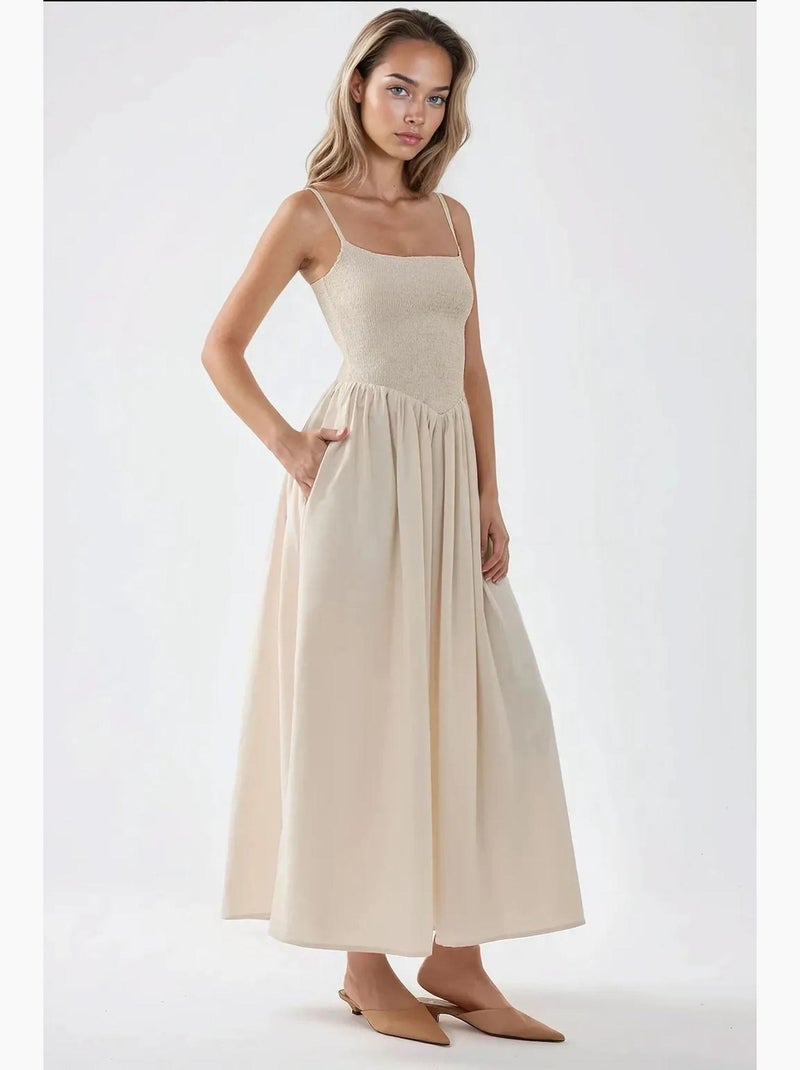 Robe longue à col carré et coupe a hiccup Beige - Kiabi