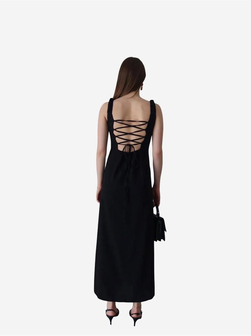 Robe longue à col carré et détail nœud my fashion Noir - Kiabi