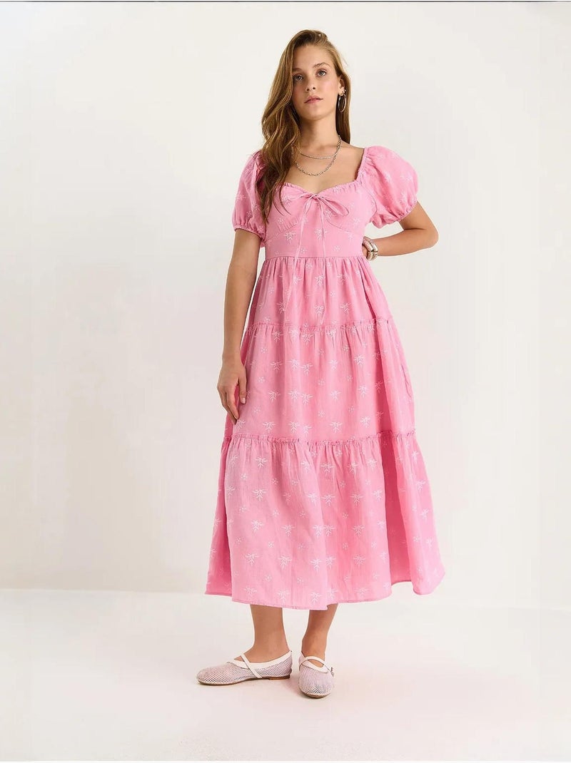 Robe longue à col cœur brodé lucci Rose fluo/Solinotes - Kiabi