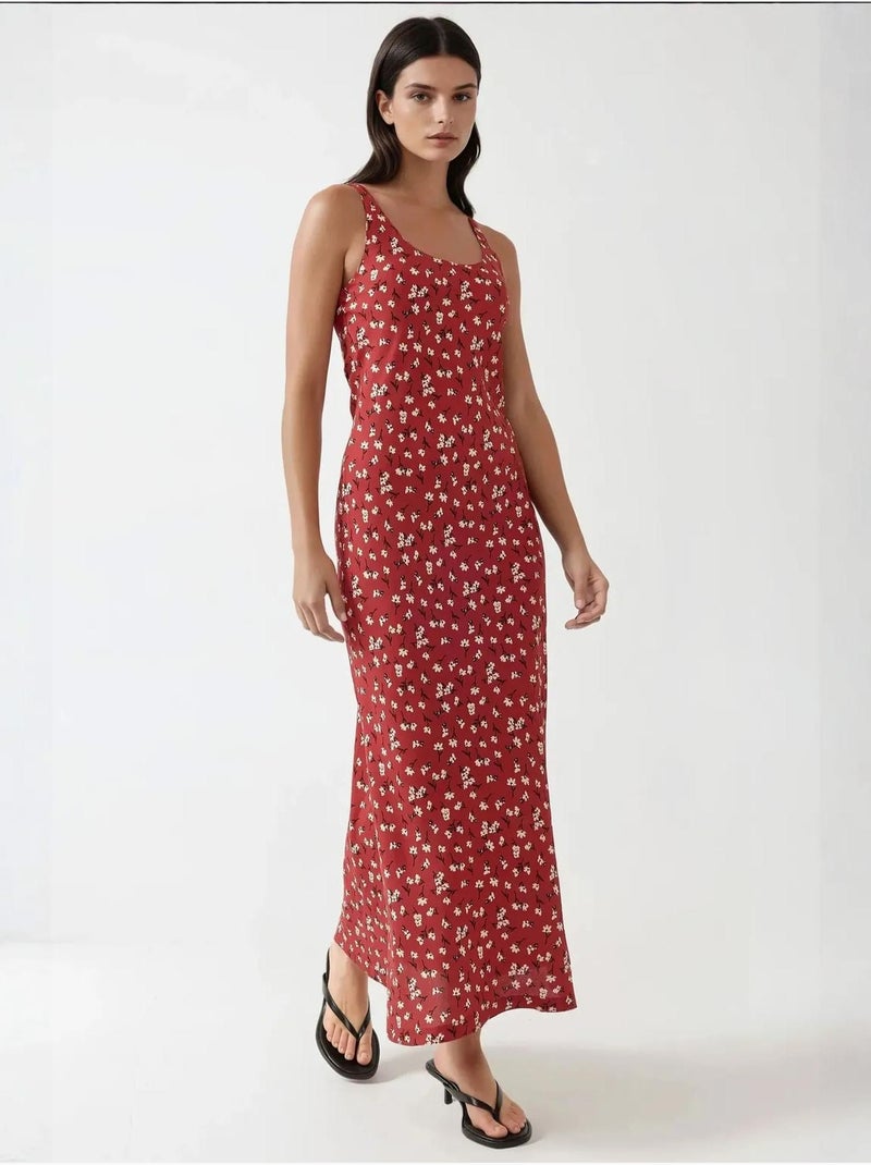 Robe longue à col en u et motif fleuri allower Rouge - Kiabi