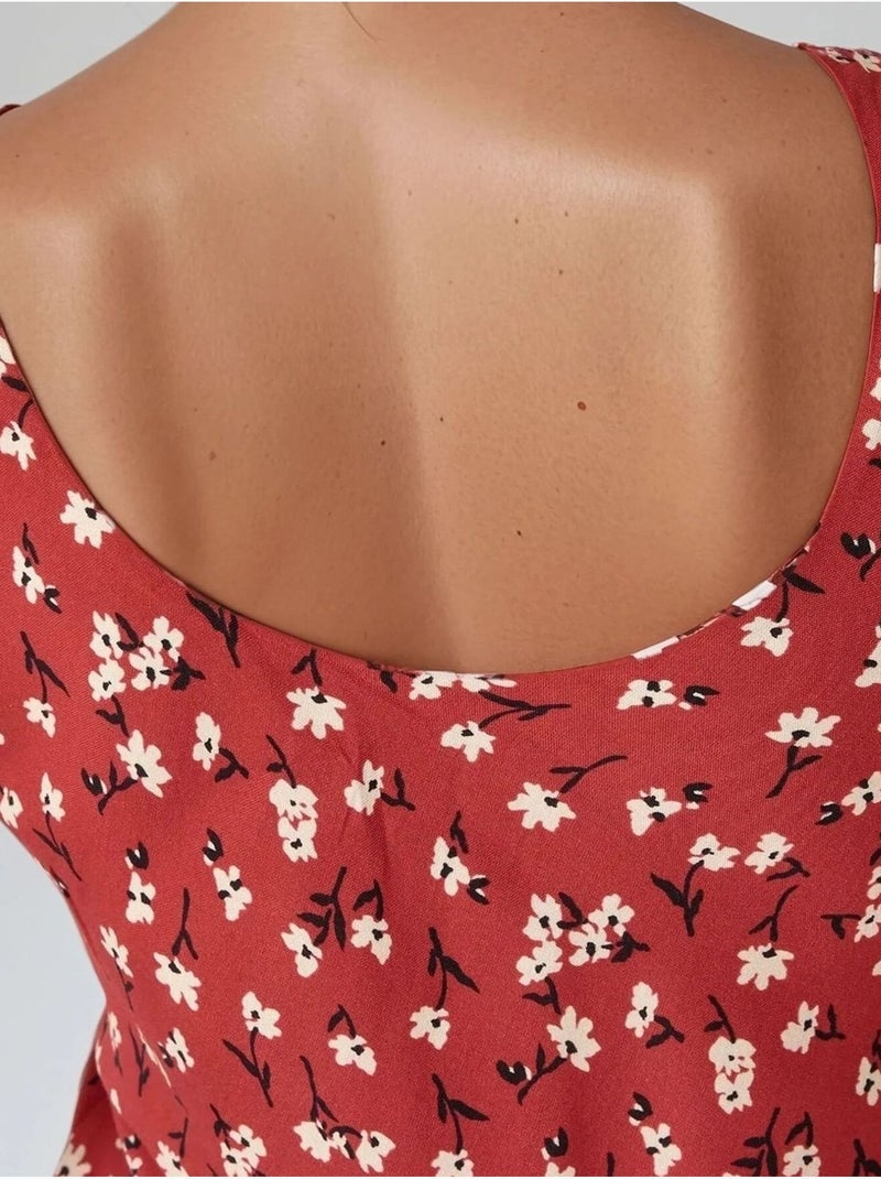 Robe longue à col en u et motif fleuri allower Rouge - Kiabi