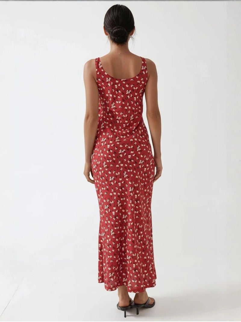 Robe longue à col en u et motif fleuri allower Rouge - Kiabi