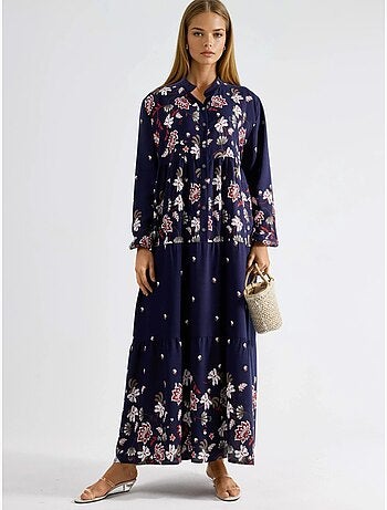 Robe longue à col en v à motifs