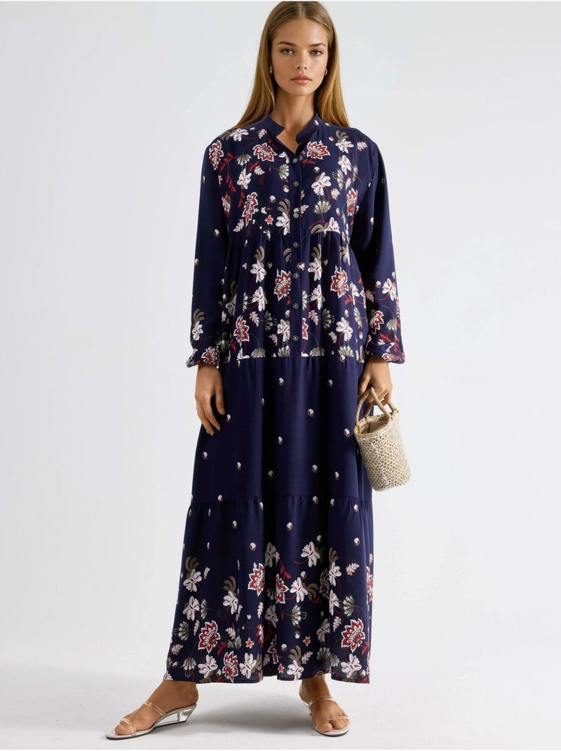 Robe longue à col en v à motifs Bleu marine - Kiabi