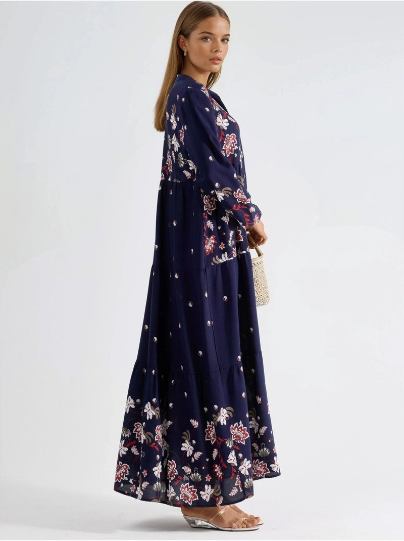 Robe longue à col en v à motifs Bleu marine - Kiabi