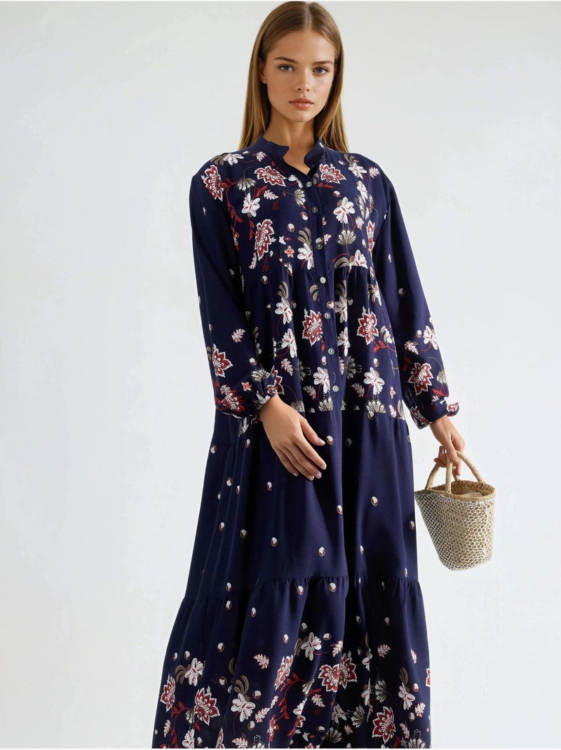 Robe longue à col en v à motifs Bleu marine - Kiabi