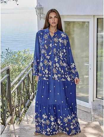 Robe longue à col en v à motifs