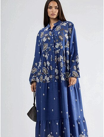 Robe longue à col en v à motifs