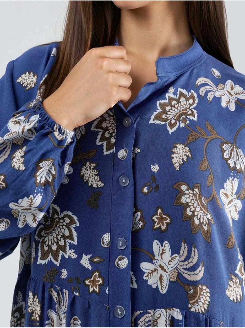 Robe longue à col en v à motifs Bleu - Kiabi