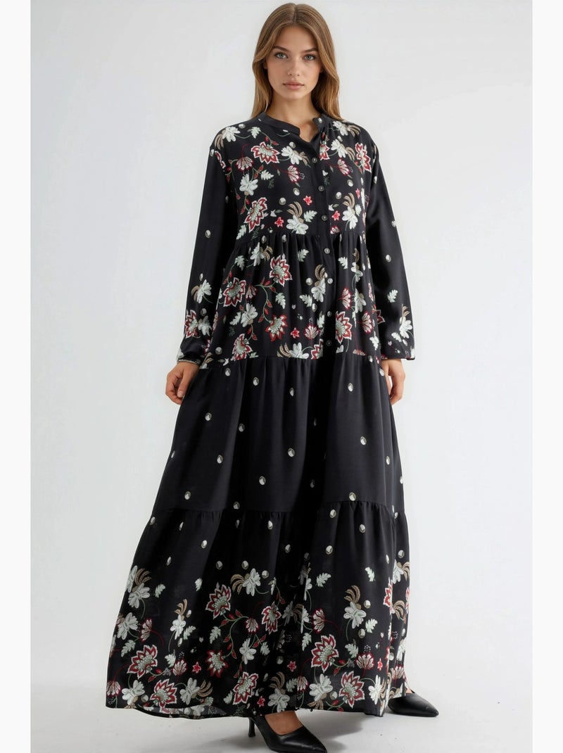 Robe longue à col en v à motifs hiccup Noir - Kiabi
