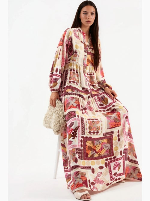 Robe longue à col en v à motifs hiccup - Kiabi Robe longue à col en v à motifs hiccup - Kiabi