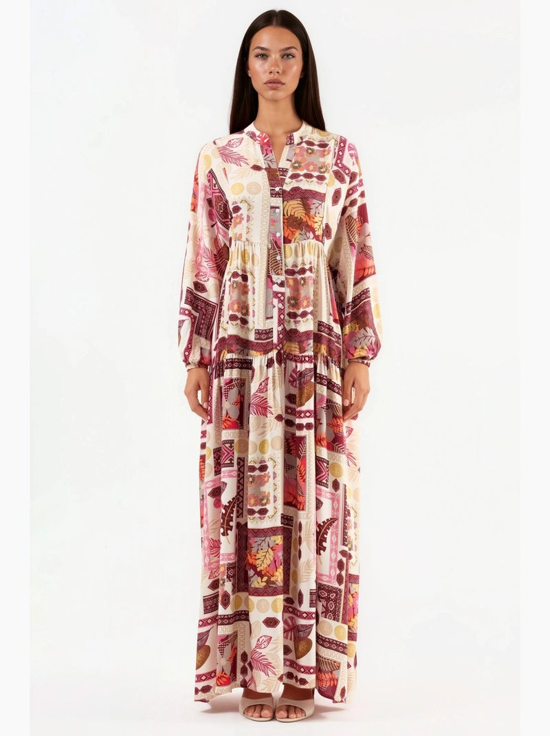 Robe longue à col en v à motifs hiccup Rouge bordeaux - Kiabi
