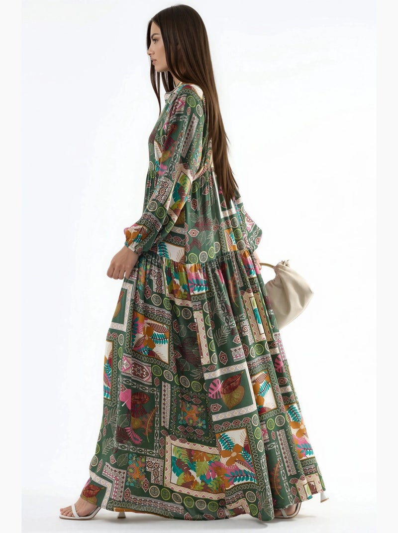 Robe longue à col en v à motifs hiccup Vert foncé - Kiabi