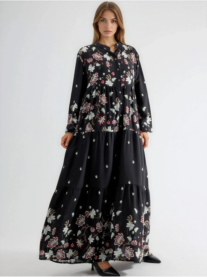 Robe longue à col en v à motifs Noir - Kiabi