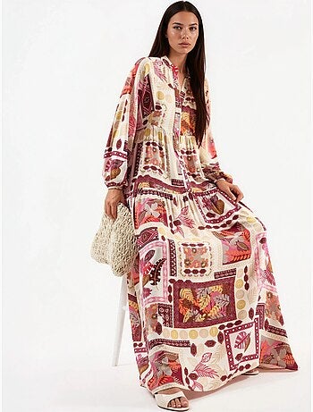 Robe longue à col en v à motifs