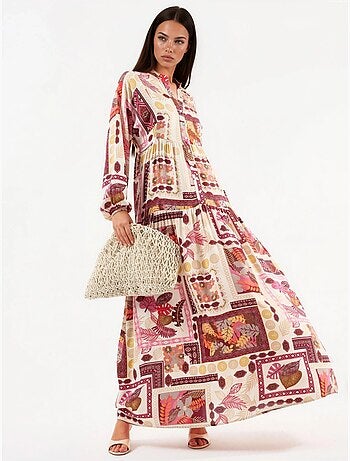 Robe longue à col en v à motifs