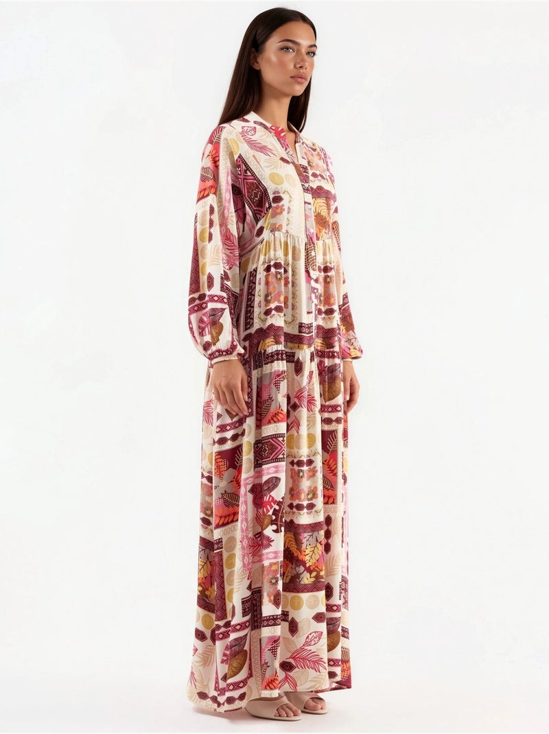 Robe longue à col en v à motifs Rouge bordeaux - Kiabi