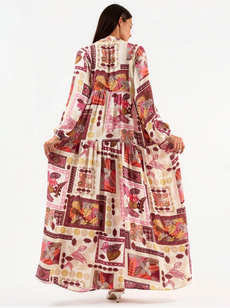 Robe longue à col en v à motifs Rouge bordeaux - Kiabi