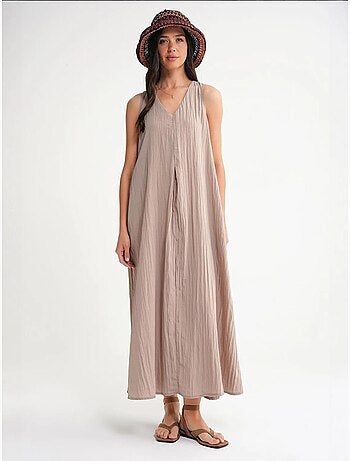 Robe longue à col en v en tissu seersucker mixray