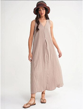 Robe longue à col en v en tissu seersucker mixray