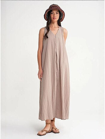 Robe longue à col en v en tissu seersucker mixray