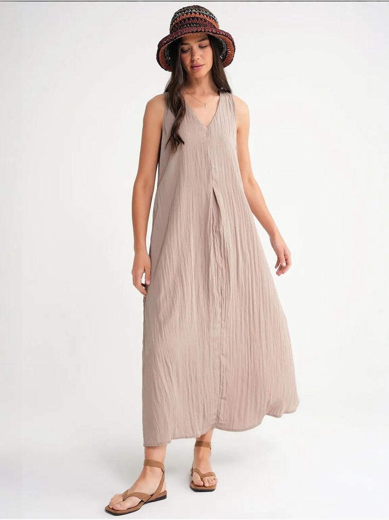 Robe longue à col en v en tissu seersucker mixray Beige argile - Kiabi