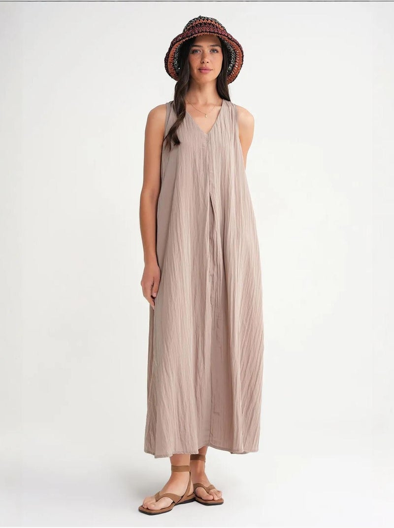 Robe longue à col en v en tissu seersucker mixray Beige argile - Kiabi