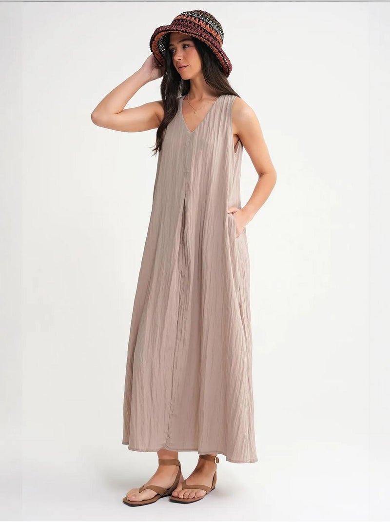 Robe longue à col en v en tissu seersucker mixray Beige argile - Kiabi