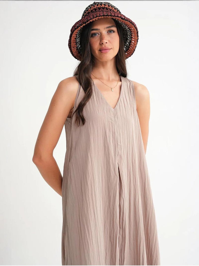 Robe longue à col en v en tissu seersucker mixray Beige argile - Kiabi