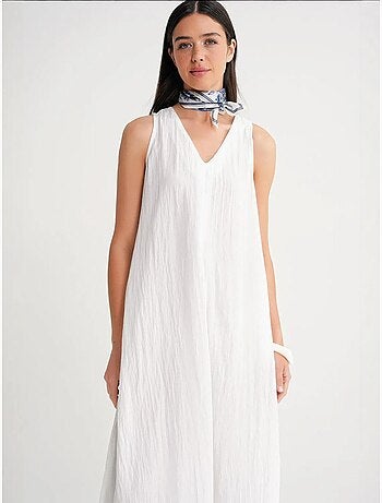 Robe longue à col en v en tissu seersucker mixray
