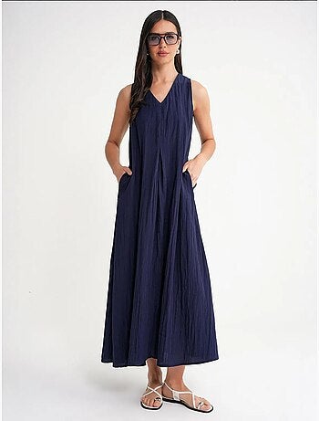 Robe longue à col en v en tissu seersucker mixray