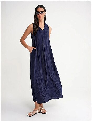 Robe longue à col en v en tissu seersucker mixray