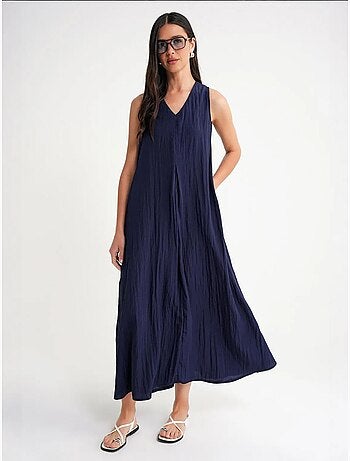 Robe longue à col en v en tissu seersucker mixray