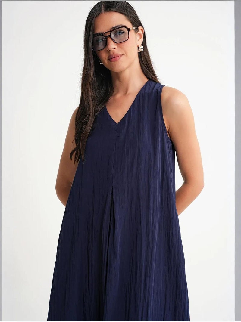 Robe longue à col en v en tissu seersucker mixray Bleu marine - Kiabi