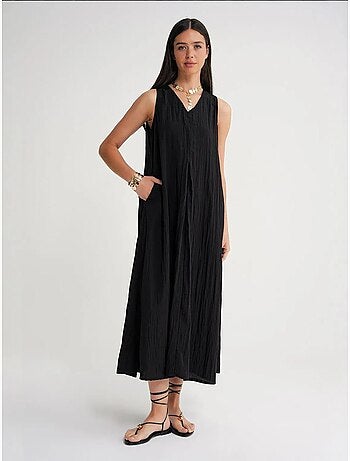 Robe longue à col en v en tissu seersucker mixray