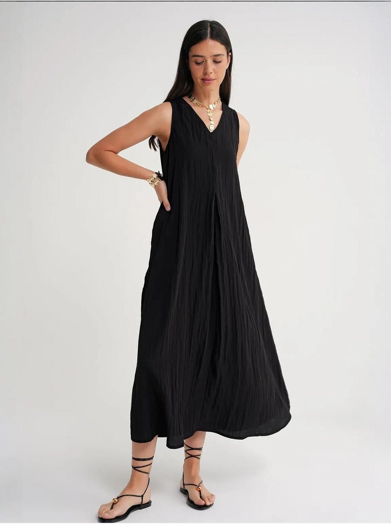 Robe longue à col en v en tissu seersucker mixray Noir - Kiabi