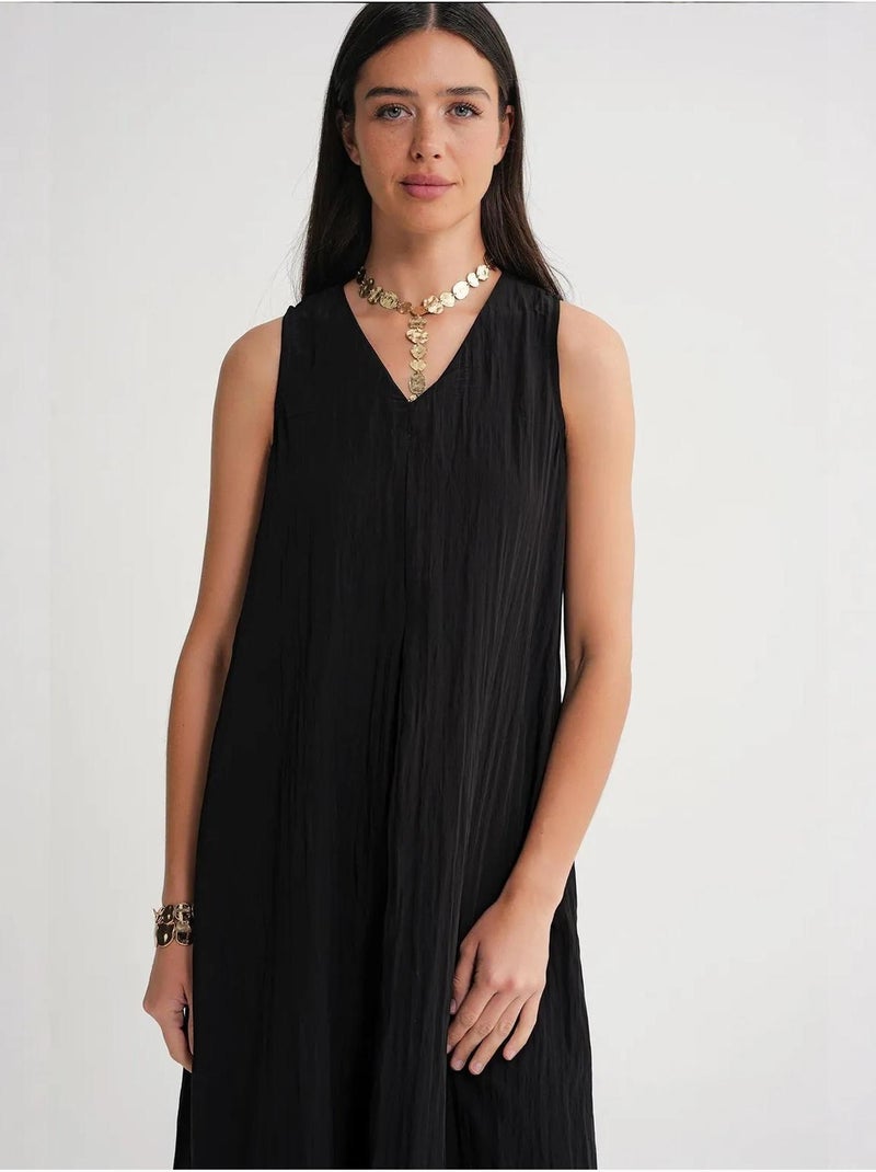 Robe longue à col en v en tissu seersucker mixray Noir - Kiabi