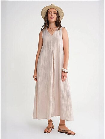 Robe longue à col en v en tissu seersucker mixray