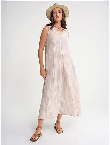 Robe longue à col en v en tissu seersucker mixray
