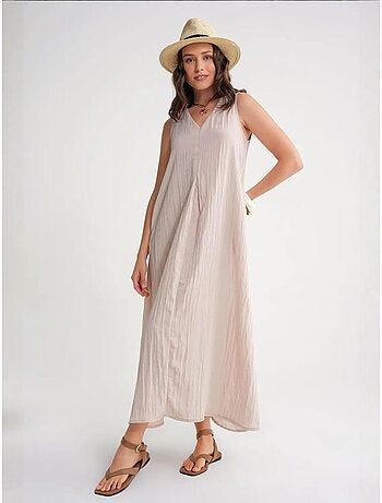 Robe longue à col en v en tissu seersucker mixray