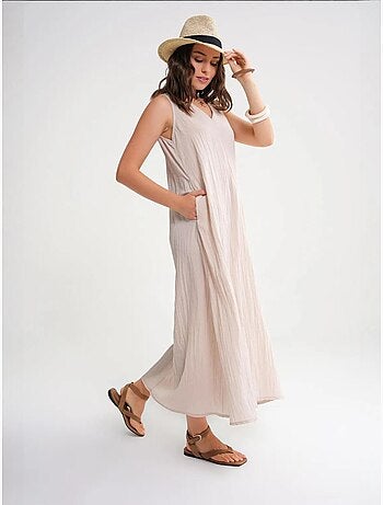 Robe longue à col en v en tissu seersucker mixray