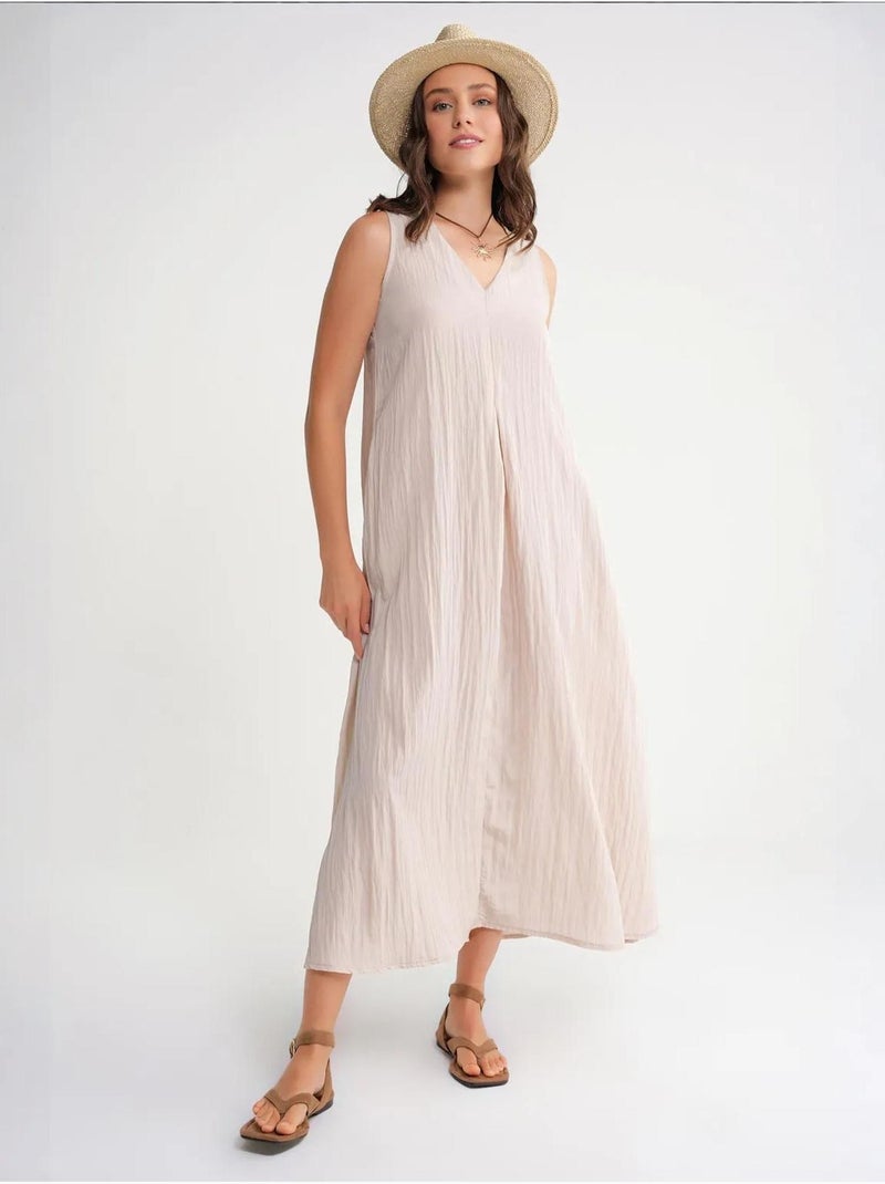 Robe longue à col en v en tissu seersucker mixray Sable - Kiabi