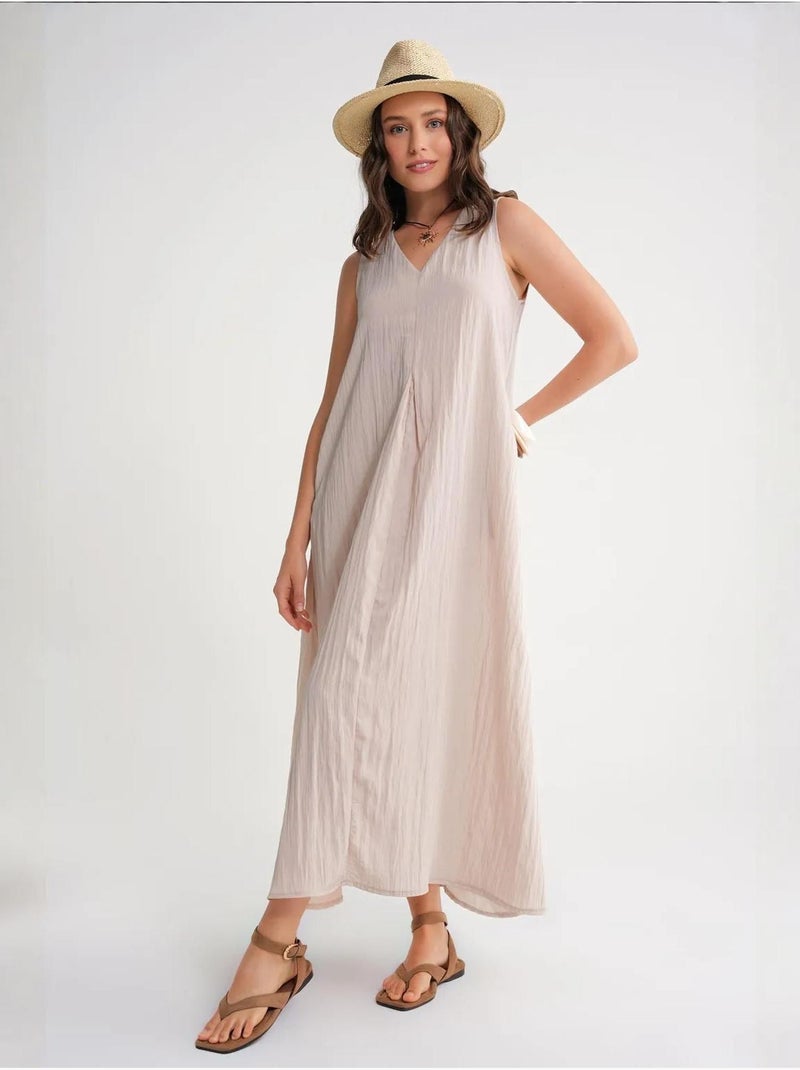 Robe longue à col en v en tissu seersucker mixray Sable - Kiabi