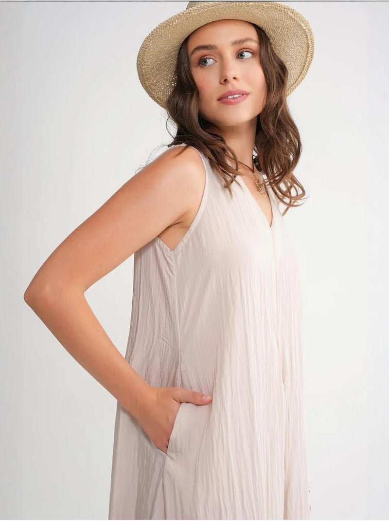 Robe longue à col en v en tissu seersucker mixray Sable - Kiabi