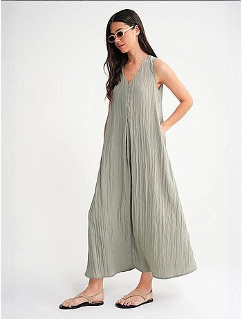 Robe longue à col en v en tissu seersucker mixray