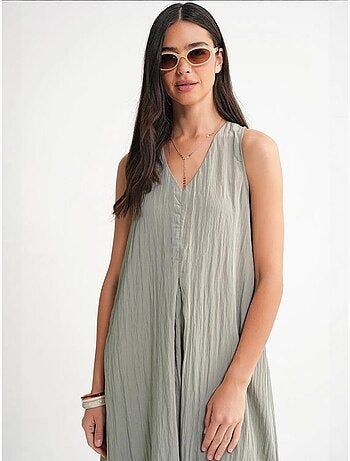 Robe longue à col en v en tissu seersucker mixray